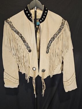 Pioneer Wear Genuine Leather Fringe Western Jacket Cream Concho M
